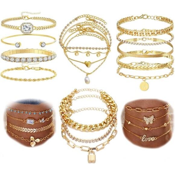 24 Pieces (6 Packs of 4) 14K Gold Ankle Bracelets Set for Women Boho Stackable - Picture 1 of 6